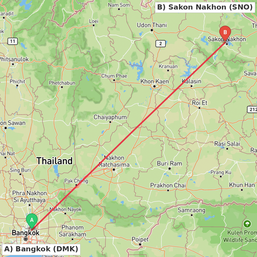 Flight route map from Bangkok to Sakon Nakhon