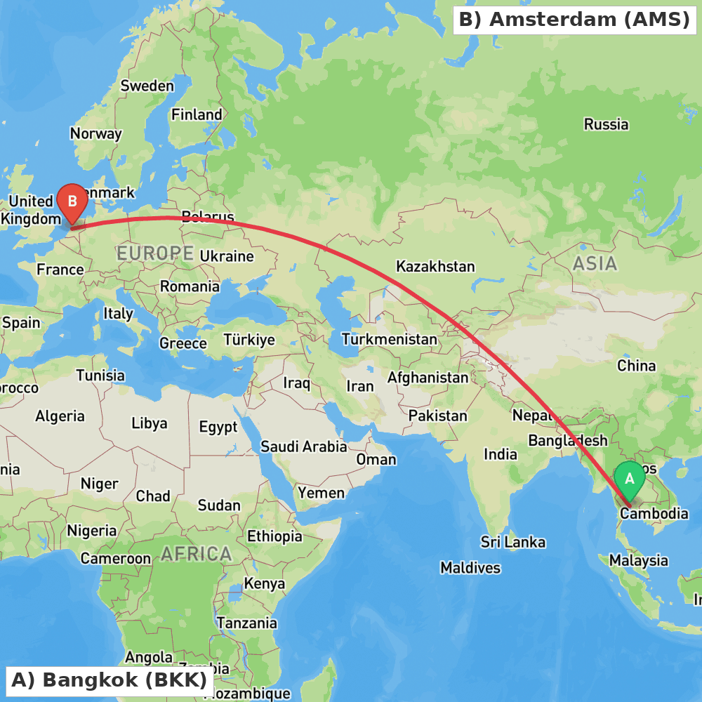 Flight route map from Bangkok to Amsterdam