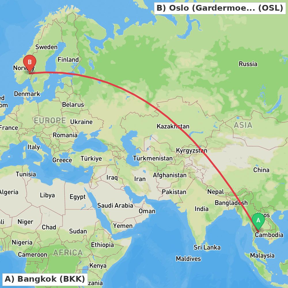 Flight route map from Bangkok to Oslo (Gardermoen)