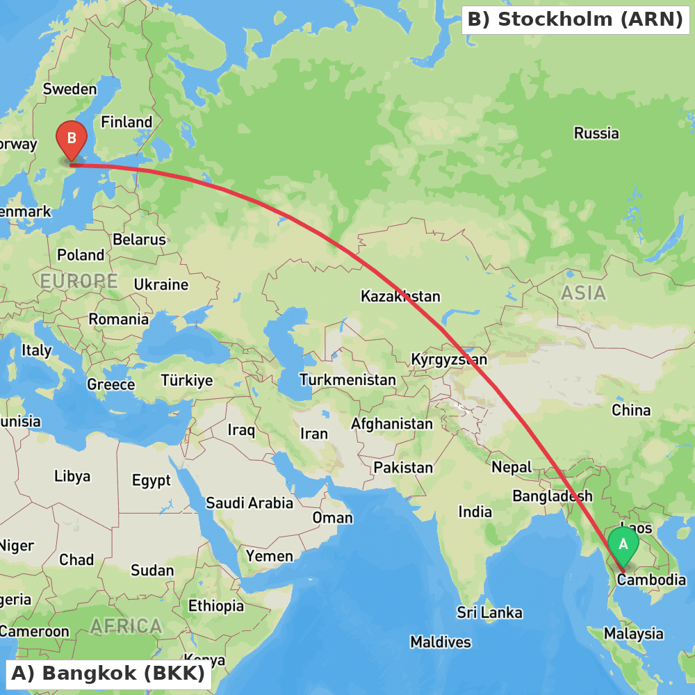 Flight route map from Bangkok to Stockholm