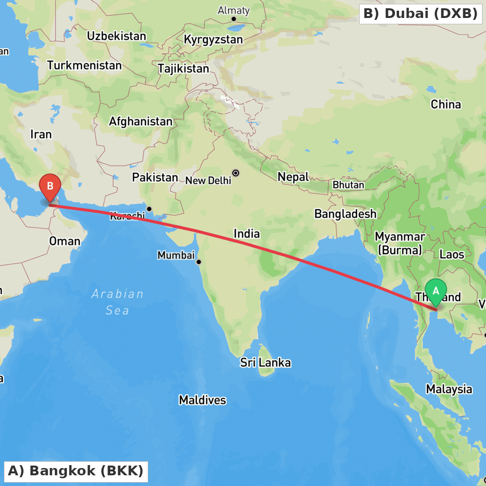 Flight route map from Bangkok to Dubai