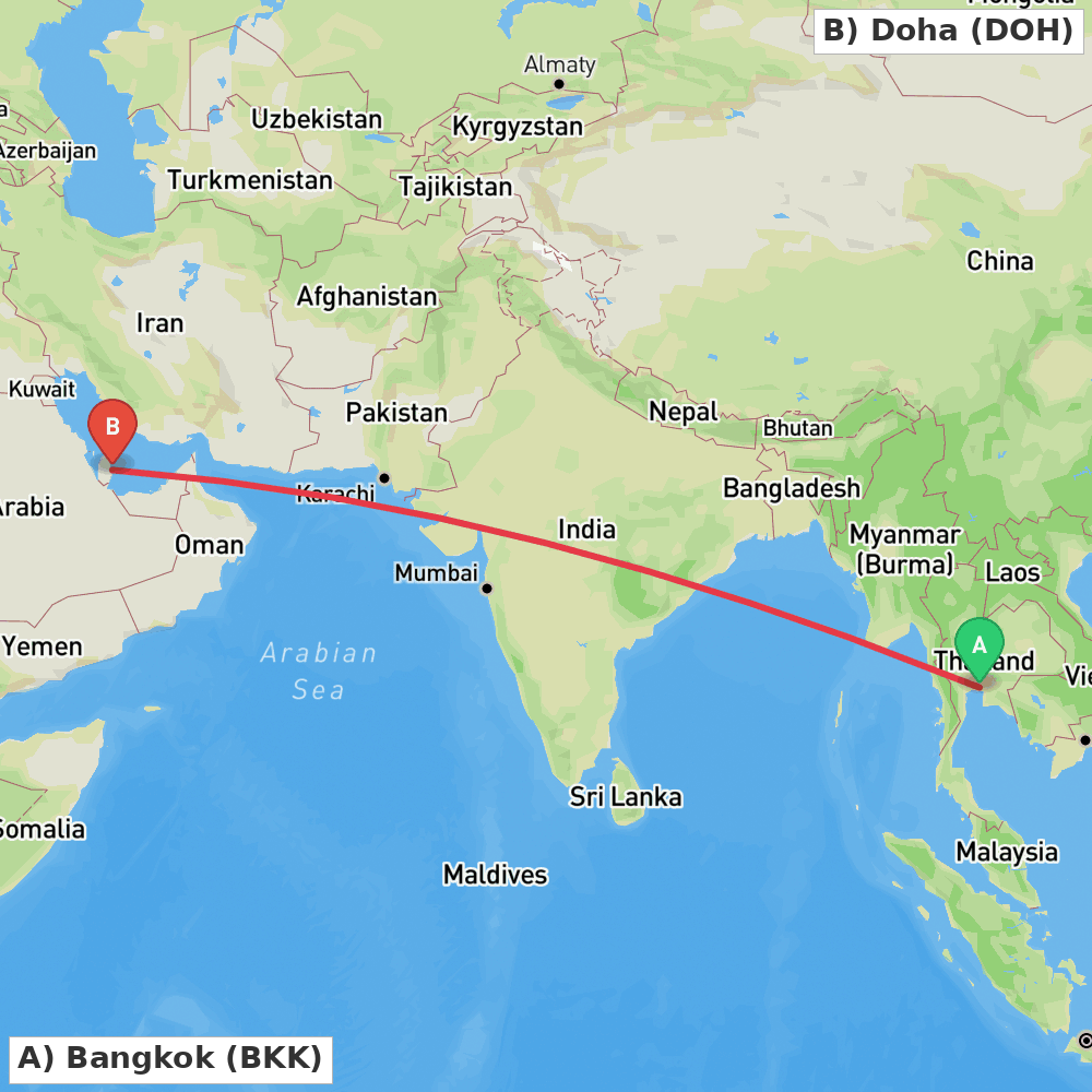 Flight route map from Bangkok to Doha