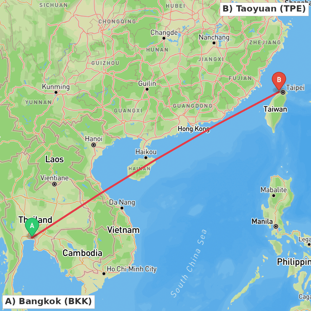 Flight route map from Bangkok to Taoyuan