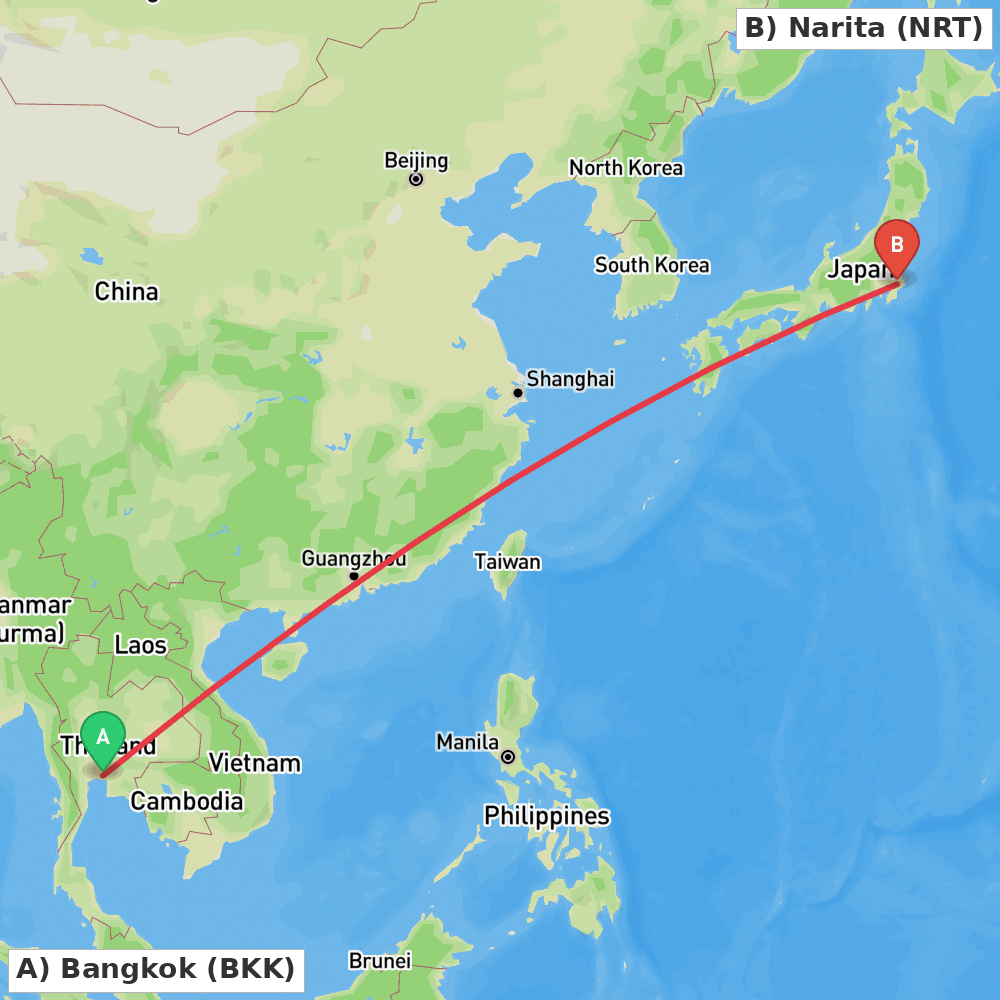 Flight route map from Bangkok to Narita