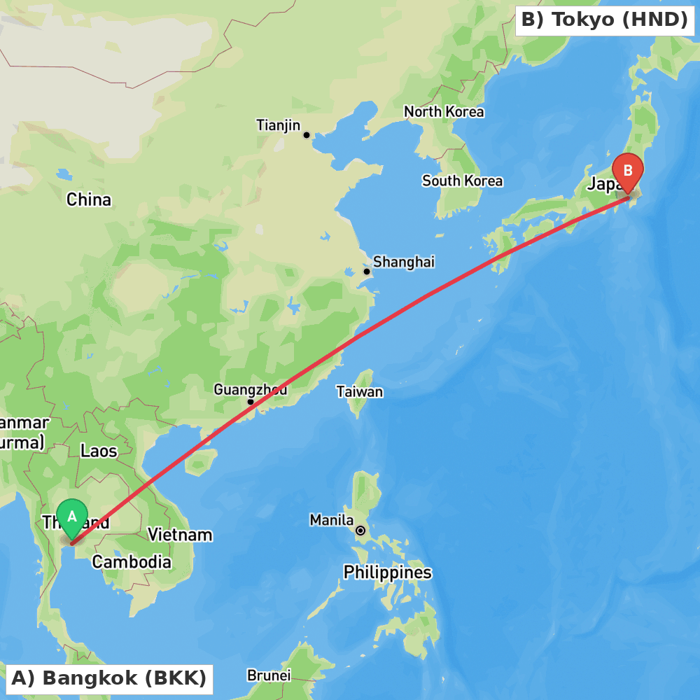 Flight route map from Bangkok to Tokyo
