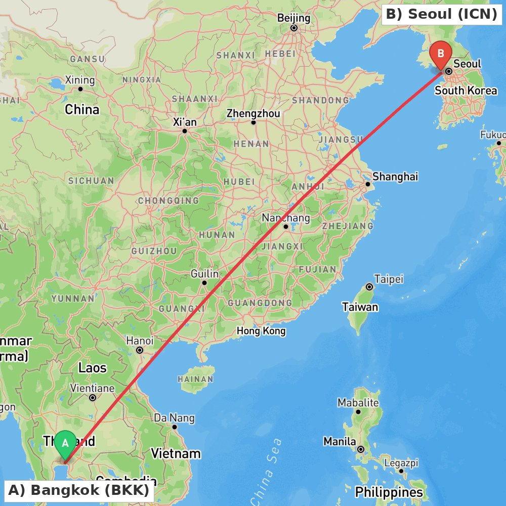 Flight route map from Bangkok to Seoul