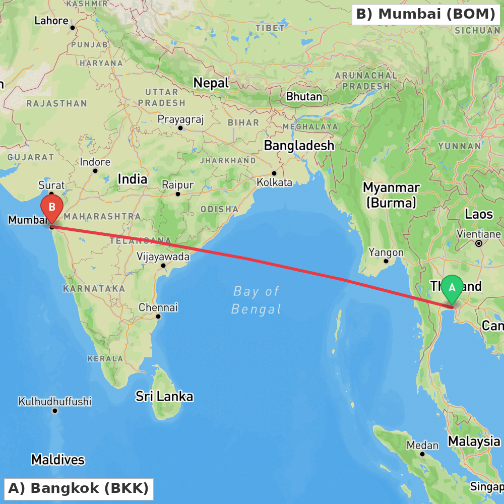 Flight route map from Bangkok to Mumbai