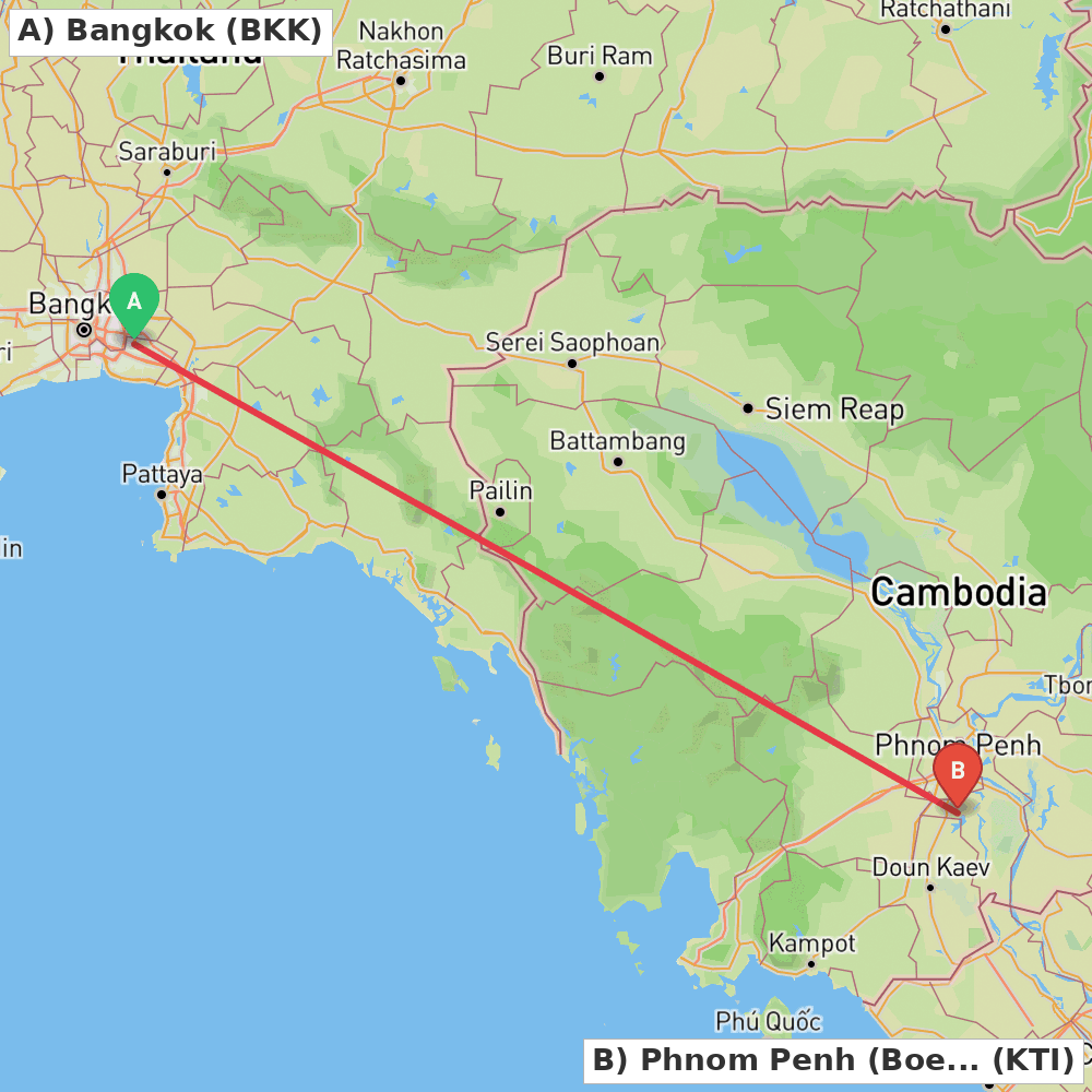 Flight route map from Bangkok to Phnom Penh (Boeng Khyang)