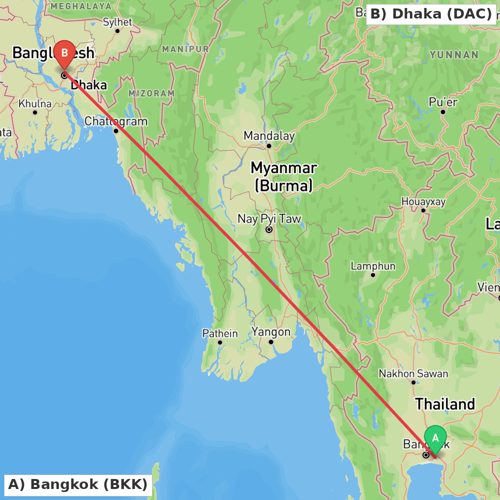 Flight route map from Bangkok to Dhaka
