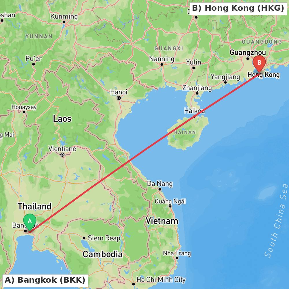 Flight route map from Bangkok to Hong Kong