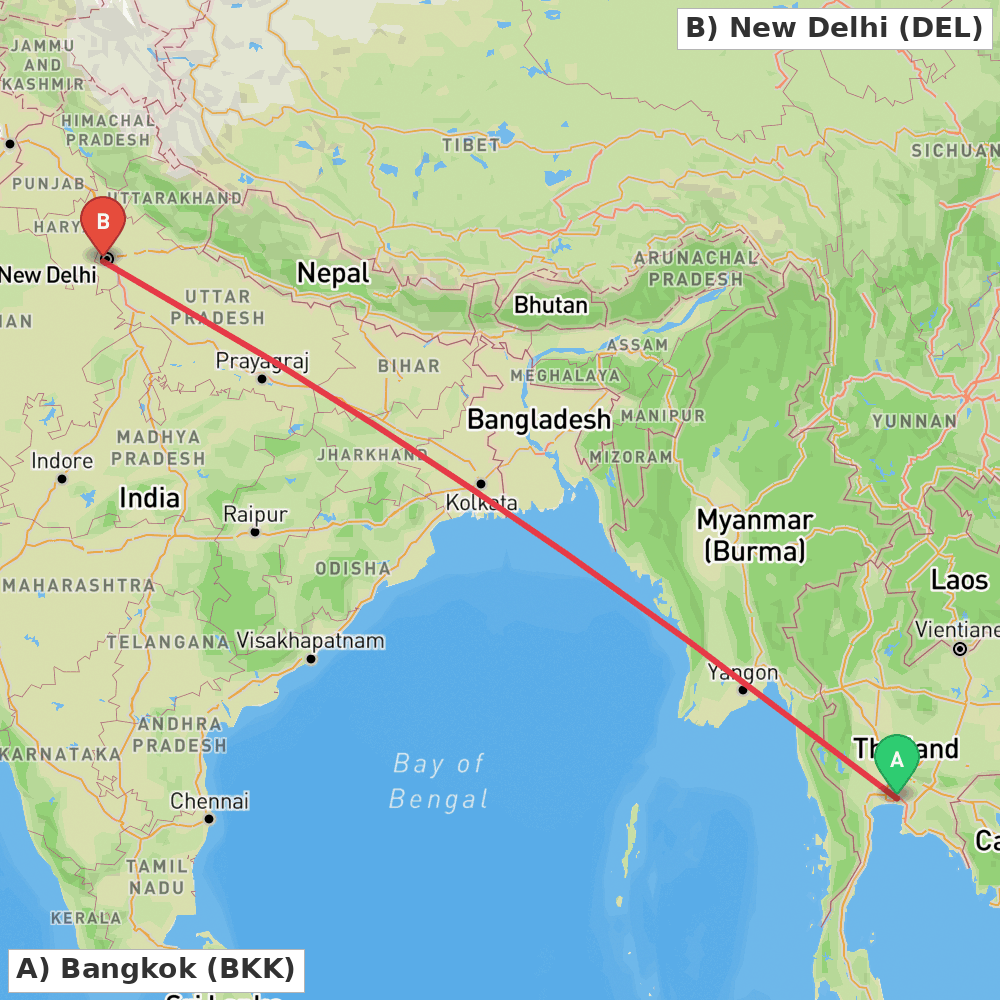 Flight route map from Bangkok to New Delhi