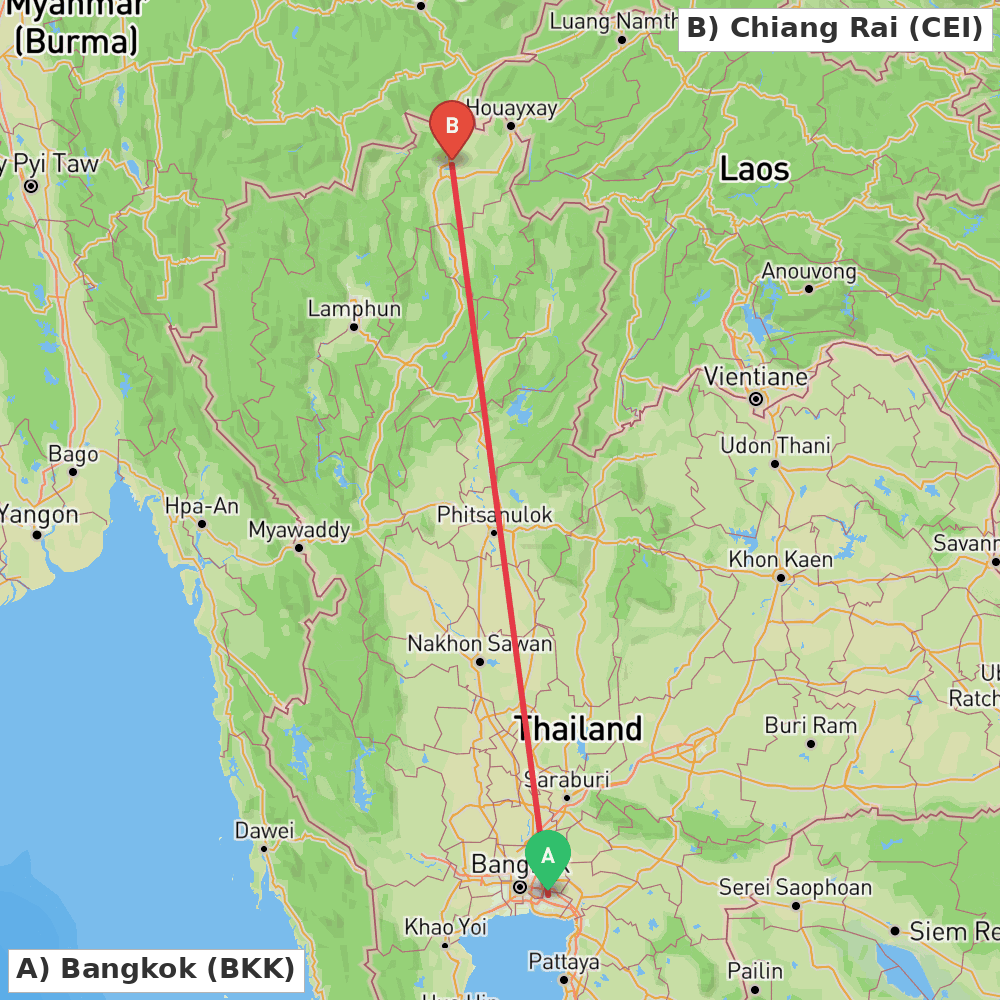 Flight route map from Bangkok to Chiang Rai