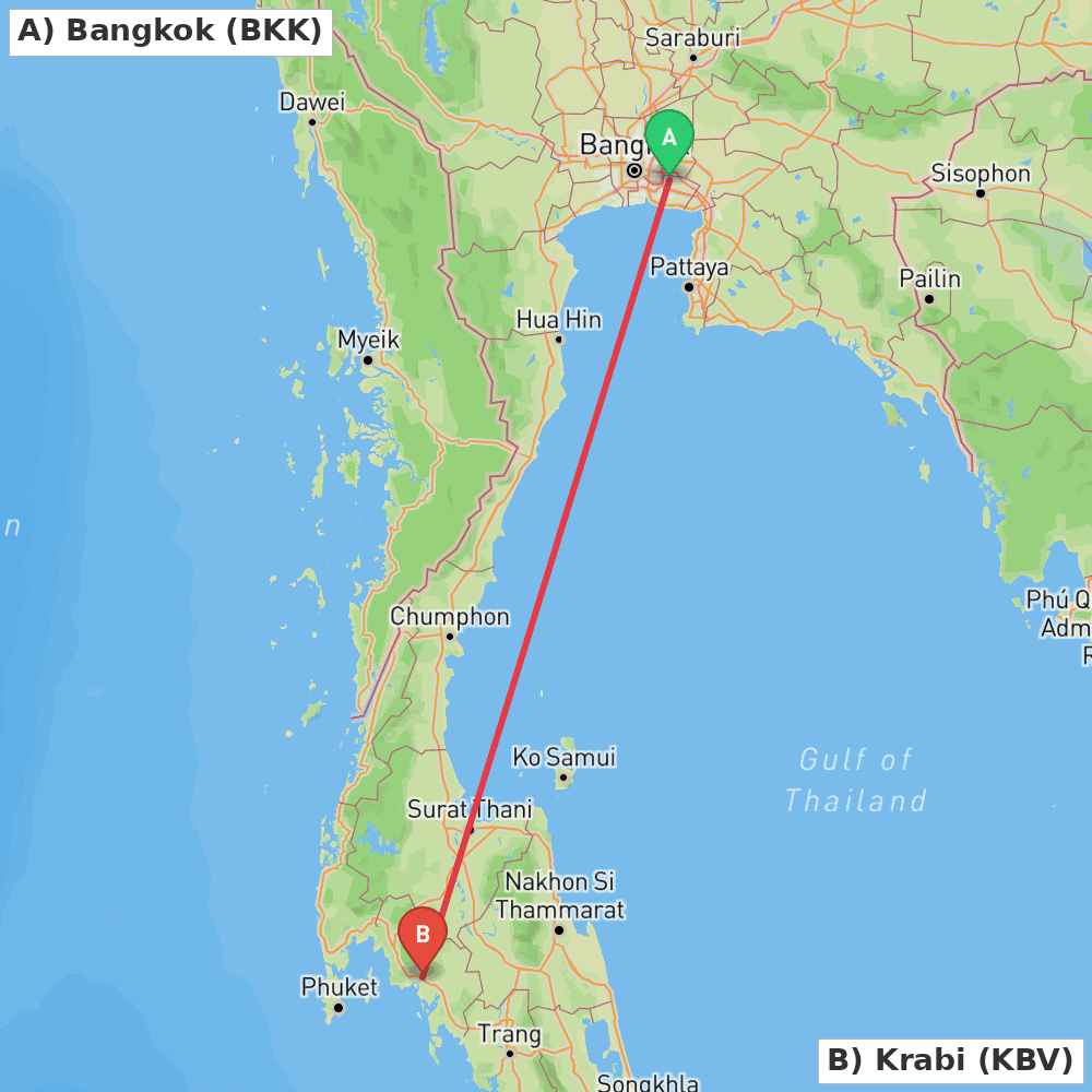 Flight route map from Bangkok to Krabi