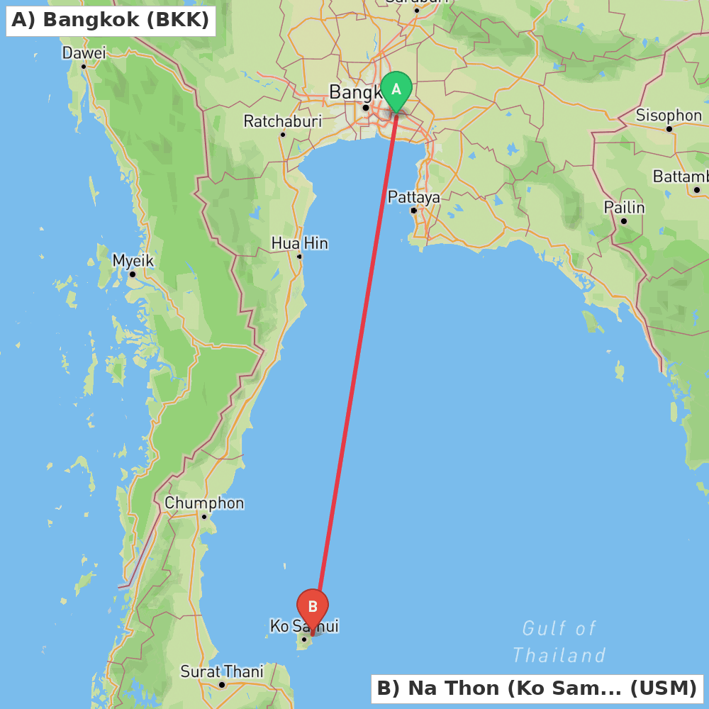 Flight route map from Bangkok to Na Thon (Ko Samui Island)