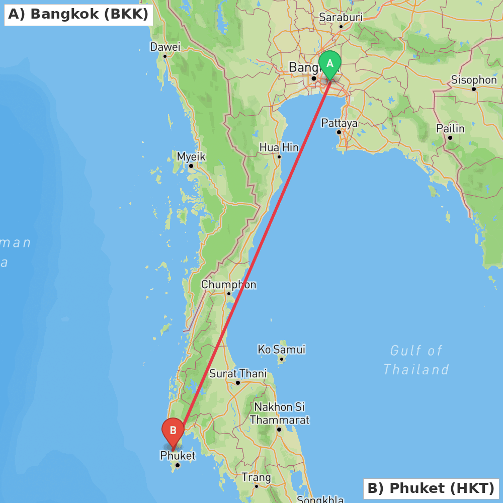 Flight route map from Bangkok to Phuket