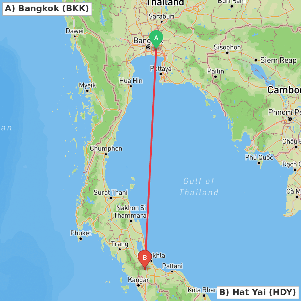 Flight route map from Bangkok to Hat Yai