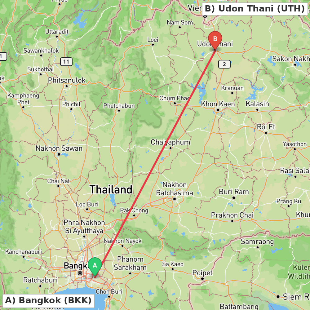 Flight route map from Bangkok to Udon Thani