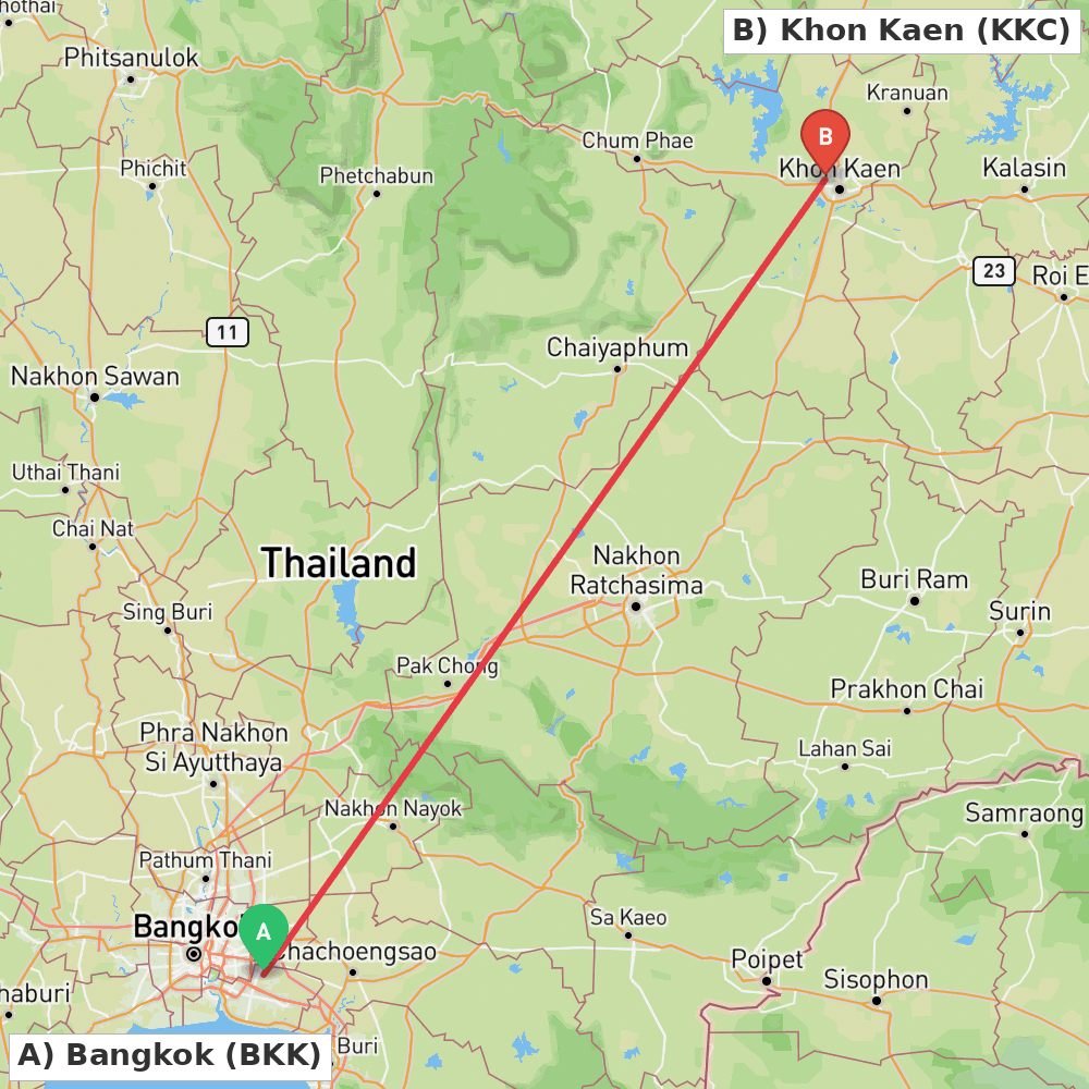 Flight route map from Bangkok to Khon Kaen