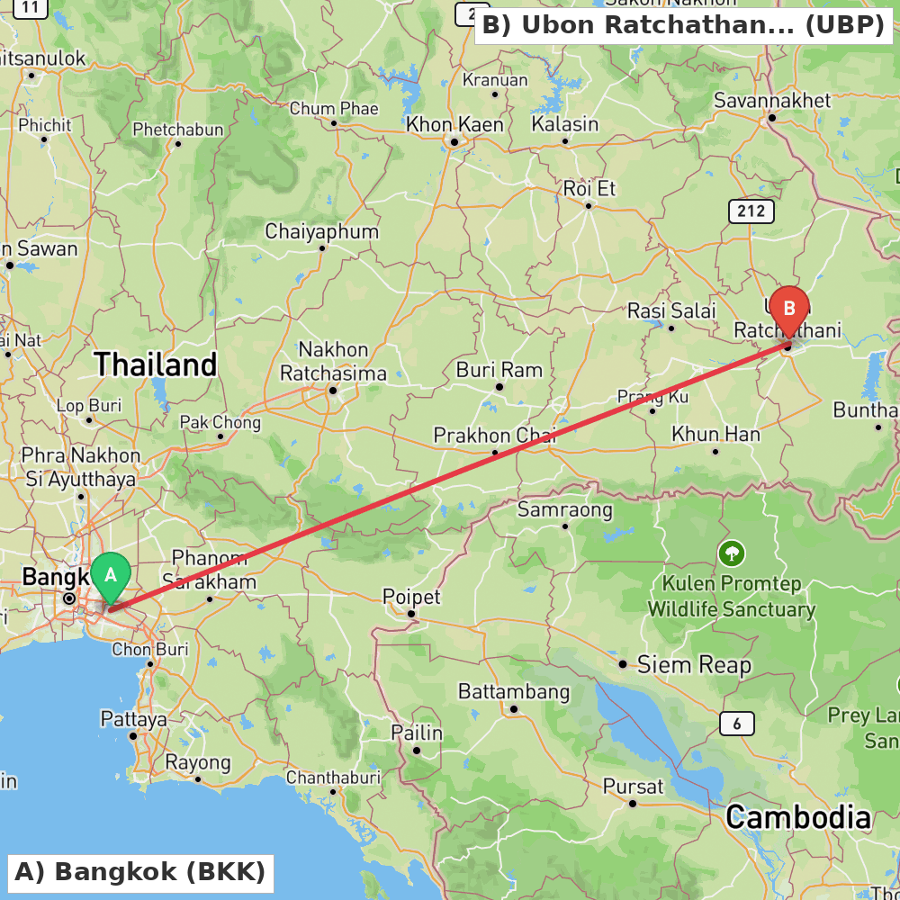Flight route map from Bangkok to Ubon Ratchathani