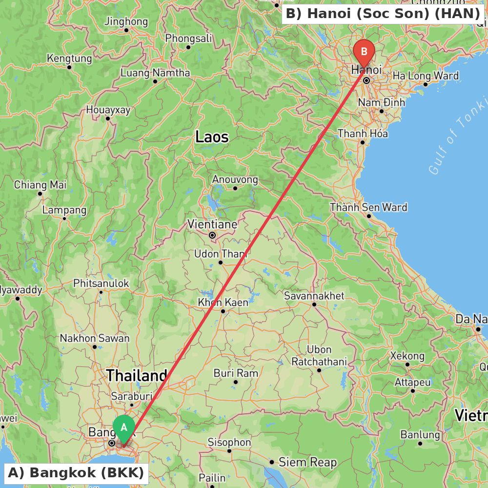 Flight route map from Bangkok to Hanoi (Soc Son)
