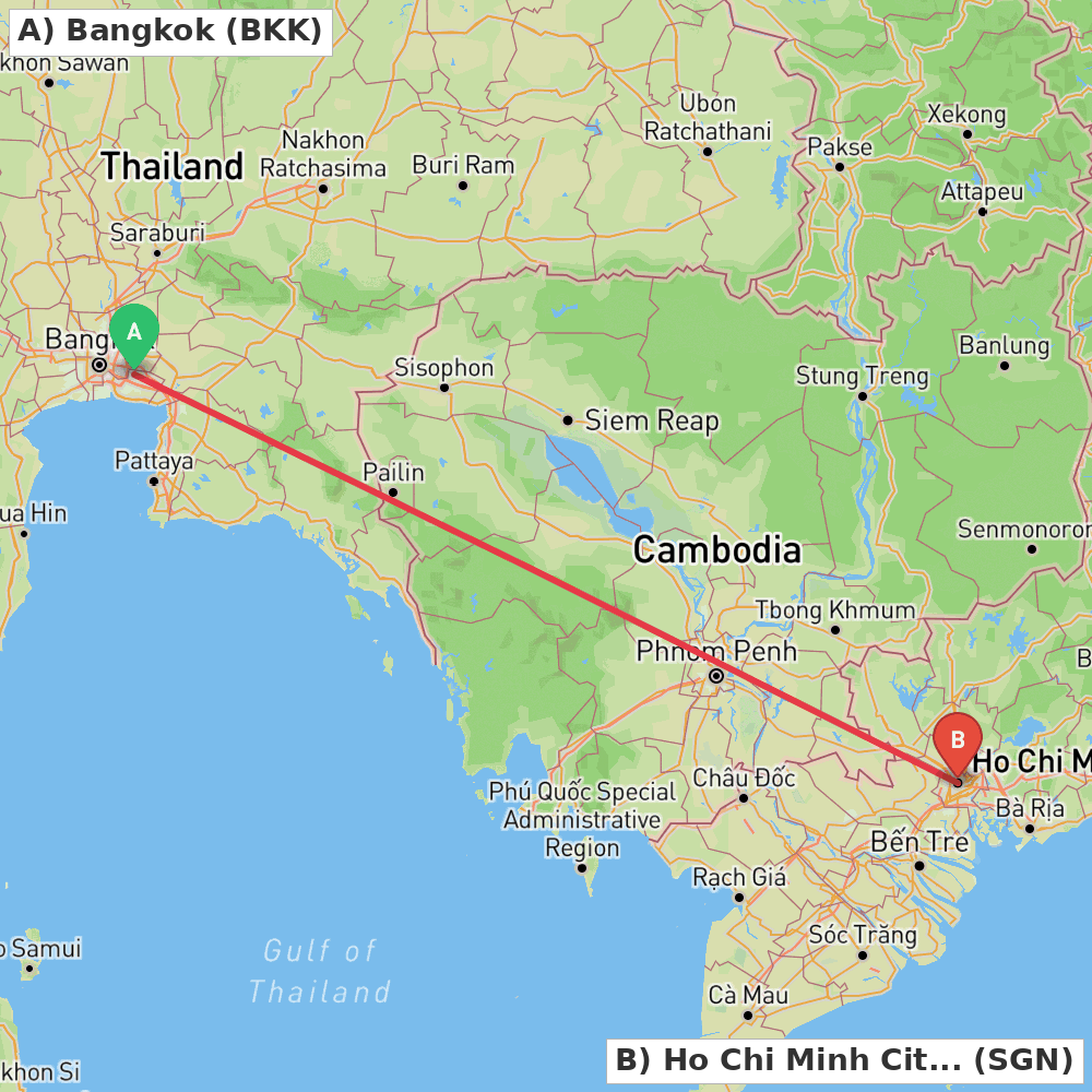 Flight route map from Bangkok to Ho Chi Minh City
