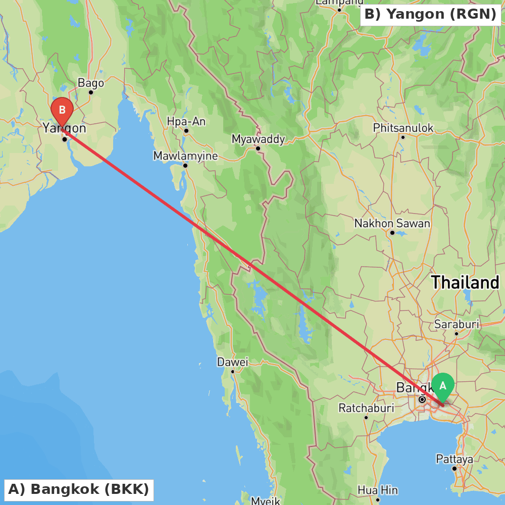 Flight route map from Bangkok to Yangon