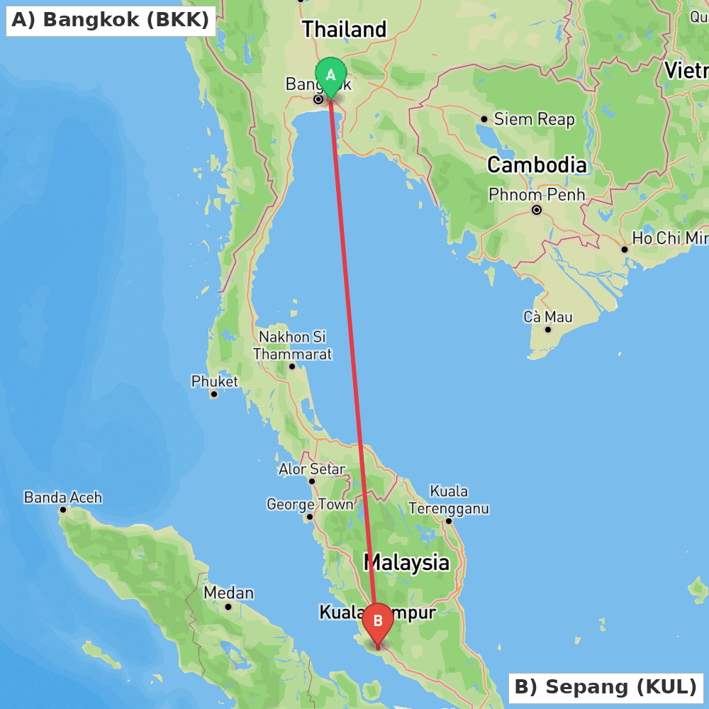Flight route map from Bangkok to Sepang