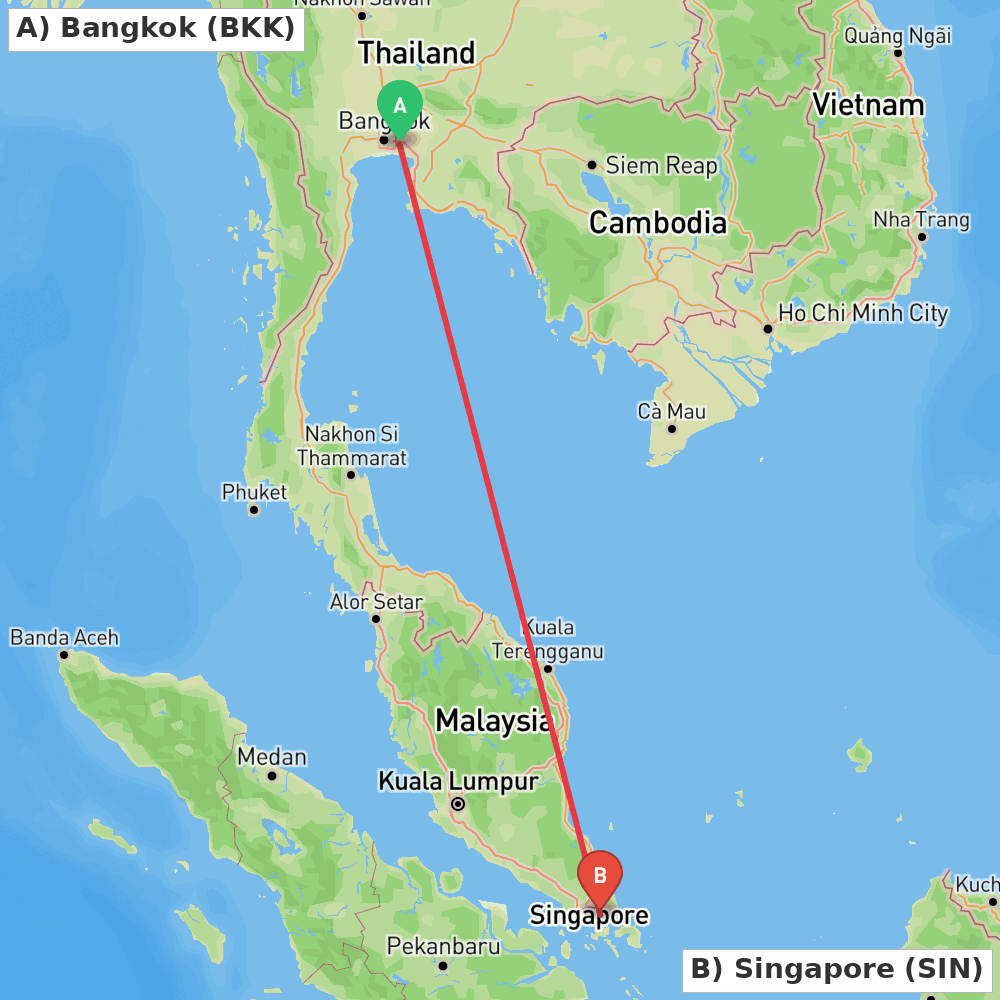 Flight route map from Bangkok to Singapore