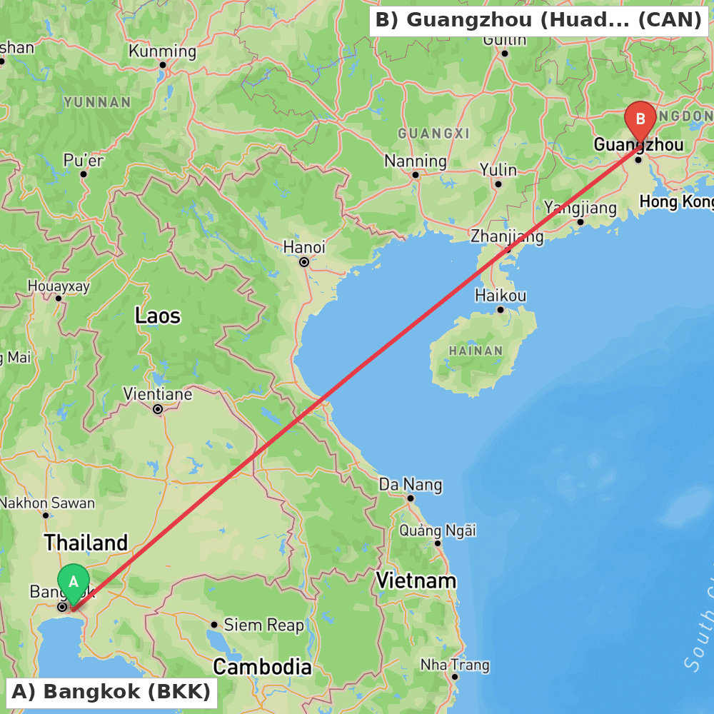 Flight route map from Bangkok to Guangzhou (Huadu)