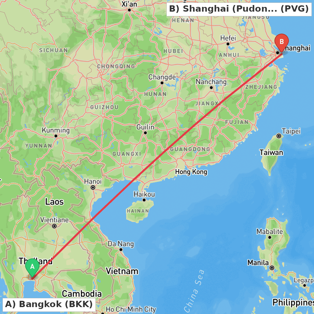Flight route map from Bangkok to Shanghai (Pudong)