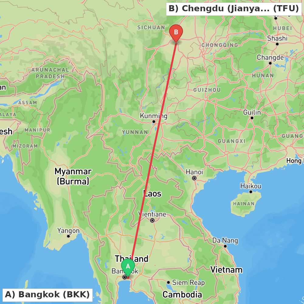 Flight route map from Bangkok to Chengdu (Jianyang)