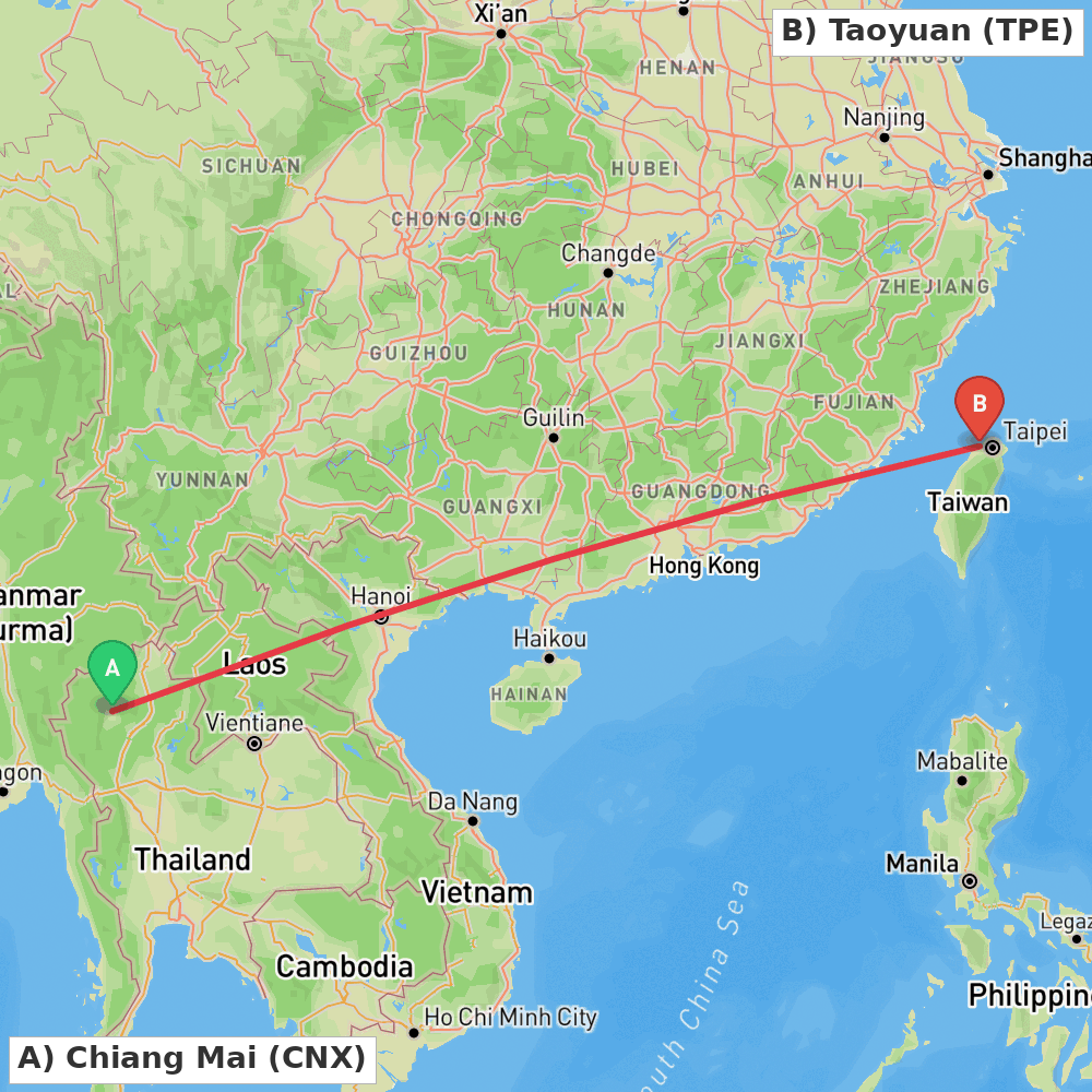 Flight route map from Chiang Mai to Taoyuan