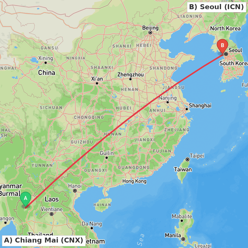Flight route map from Chiang Mai to Seoul