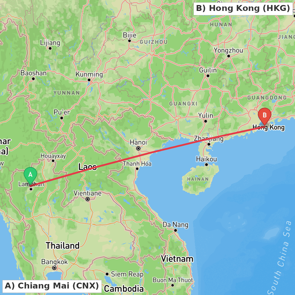 Flight route map from Chiang Mai to Hong Kong