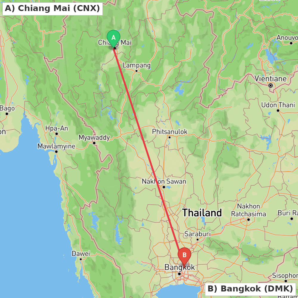 Flight route map from Chiang Mai to Bangkok