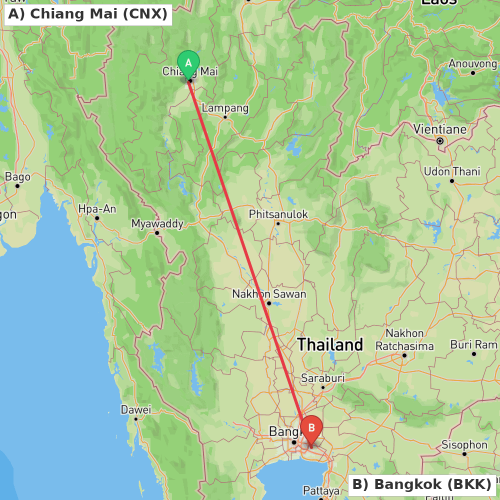 Flight route map from Chiang Mai to Bangkok