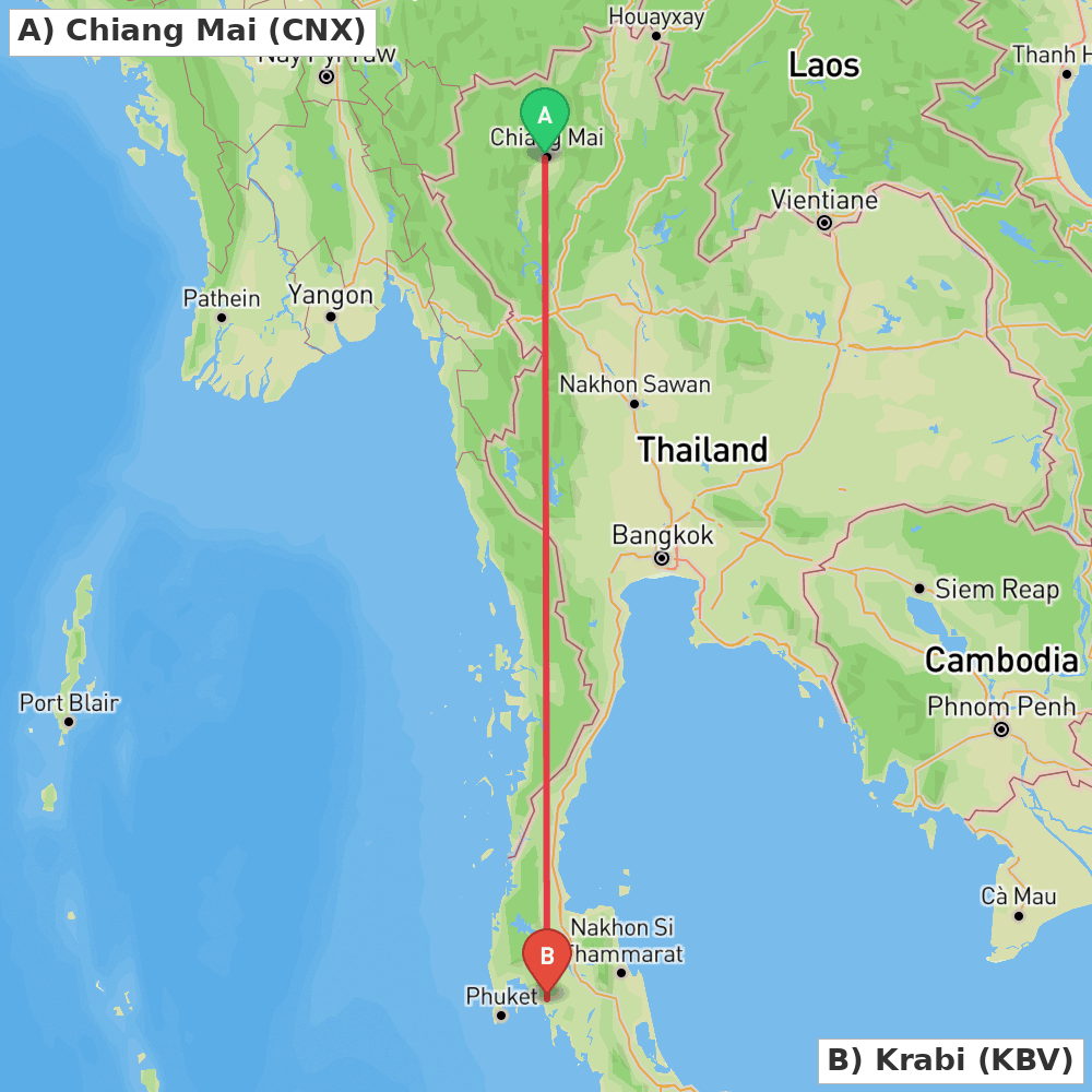 Flight route map from Chiang Mai to Krabi