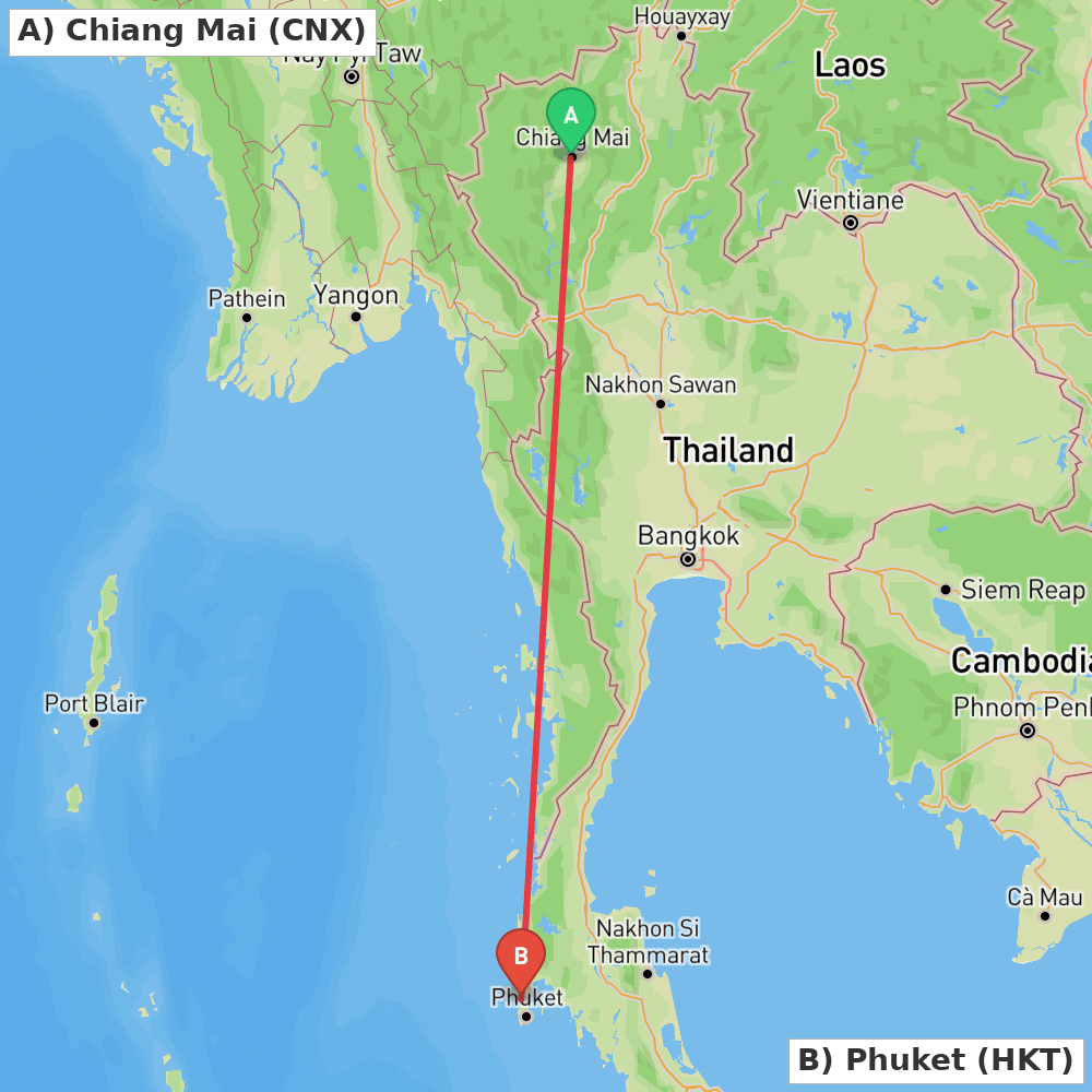 Flight route map from Chiang Mai to Phuket