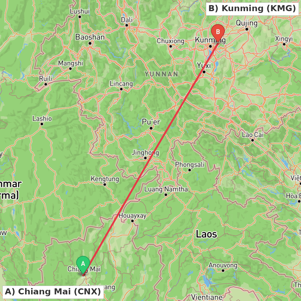 Flight route map from Chiang Mai to Kunming