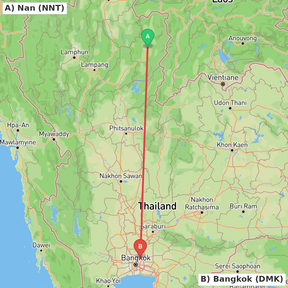 Flight route map from Nan to Bangkok