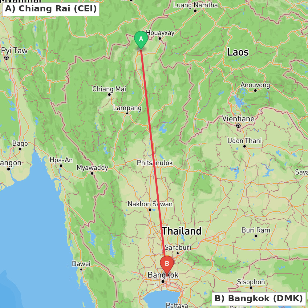 Flight route map from Chiang Rai to Bangkok