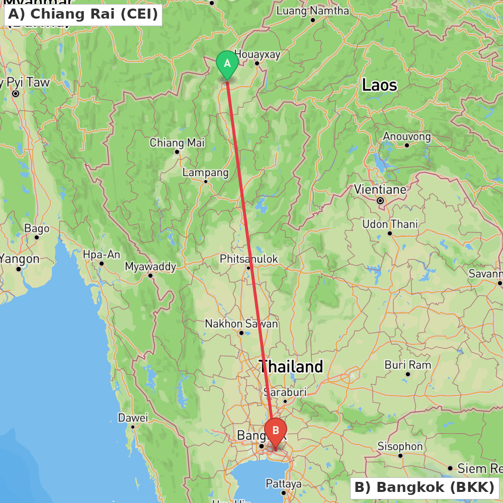 Flight route map from Chiang Rai to Bangkok