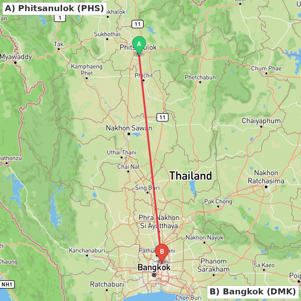 Flight route map from Phitsanulok to Bangkok
