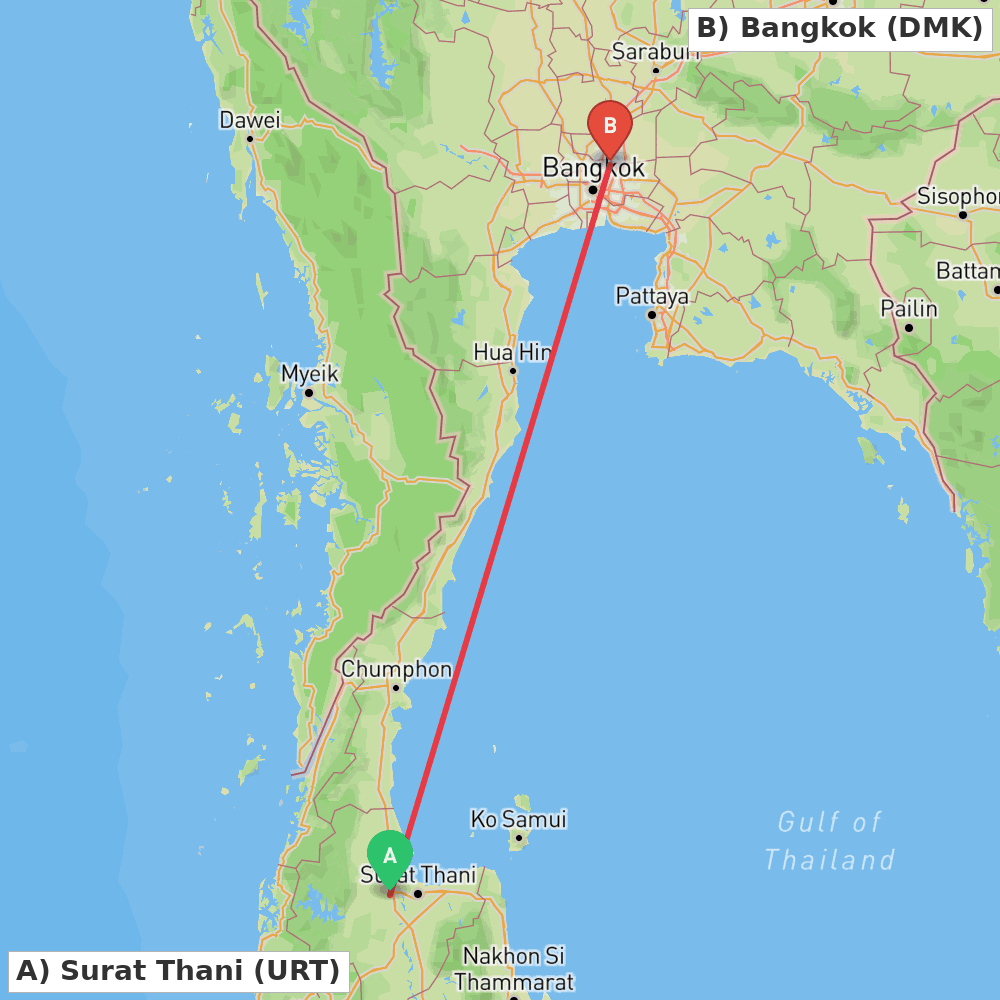 Flight route map from Surat Thani to Bangkok