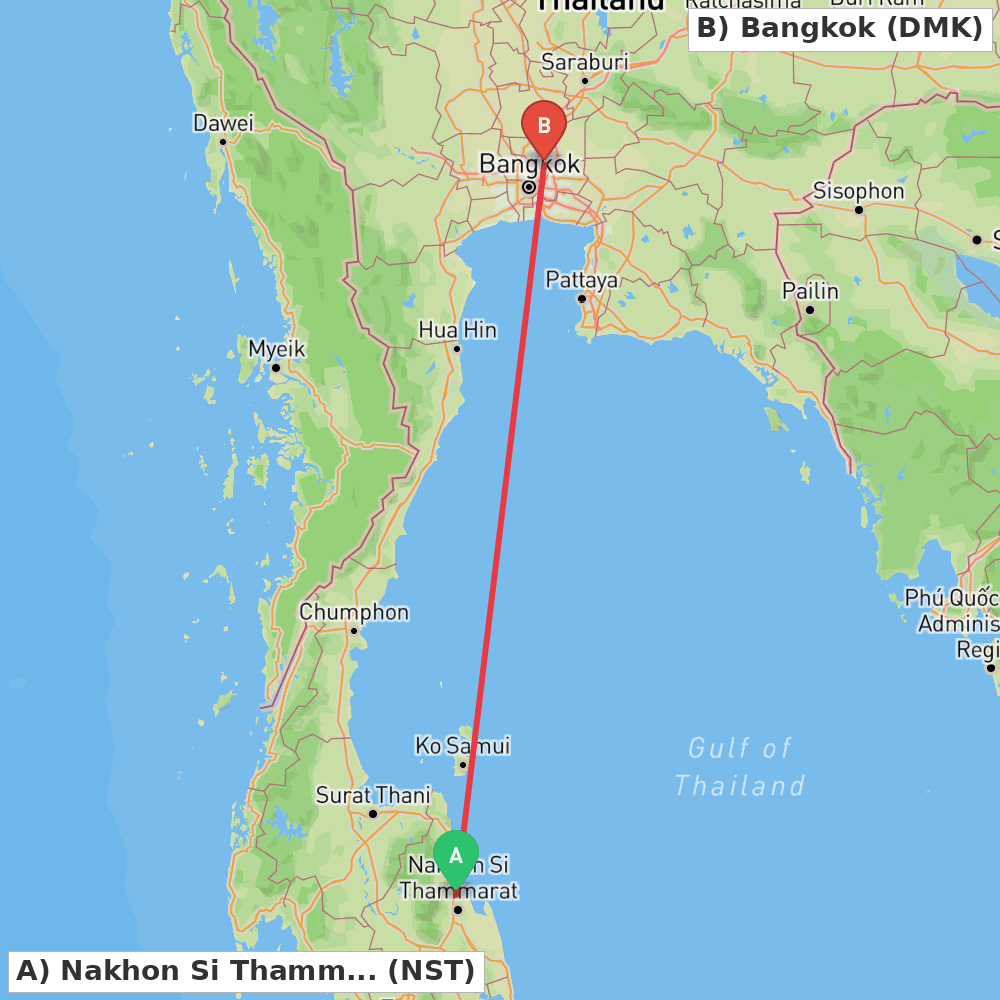 Flight route map from Nakhon Si Thammarat to Bangkok