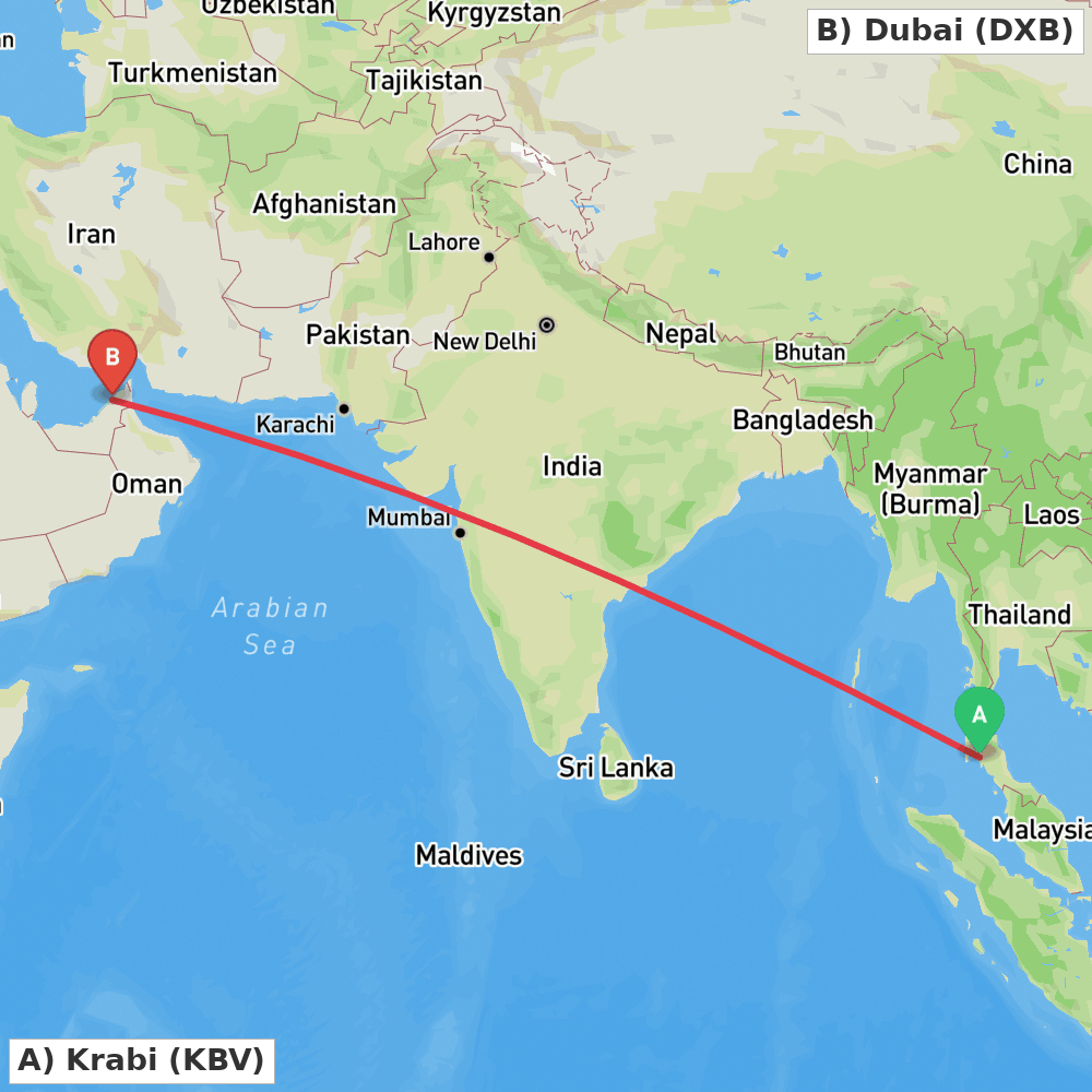 Flight route map from Krabi to Dubai