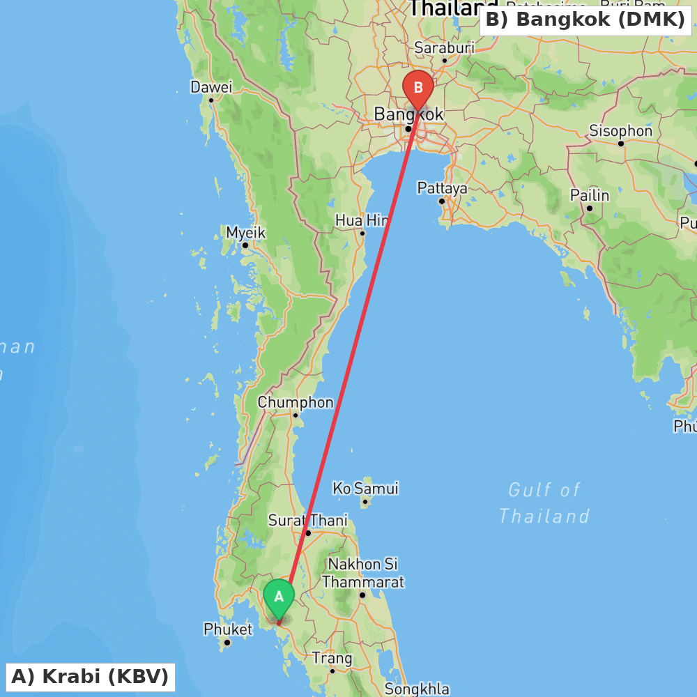 Flight route map from Krabi to Bangkok