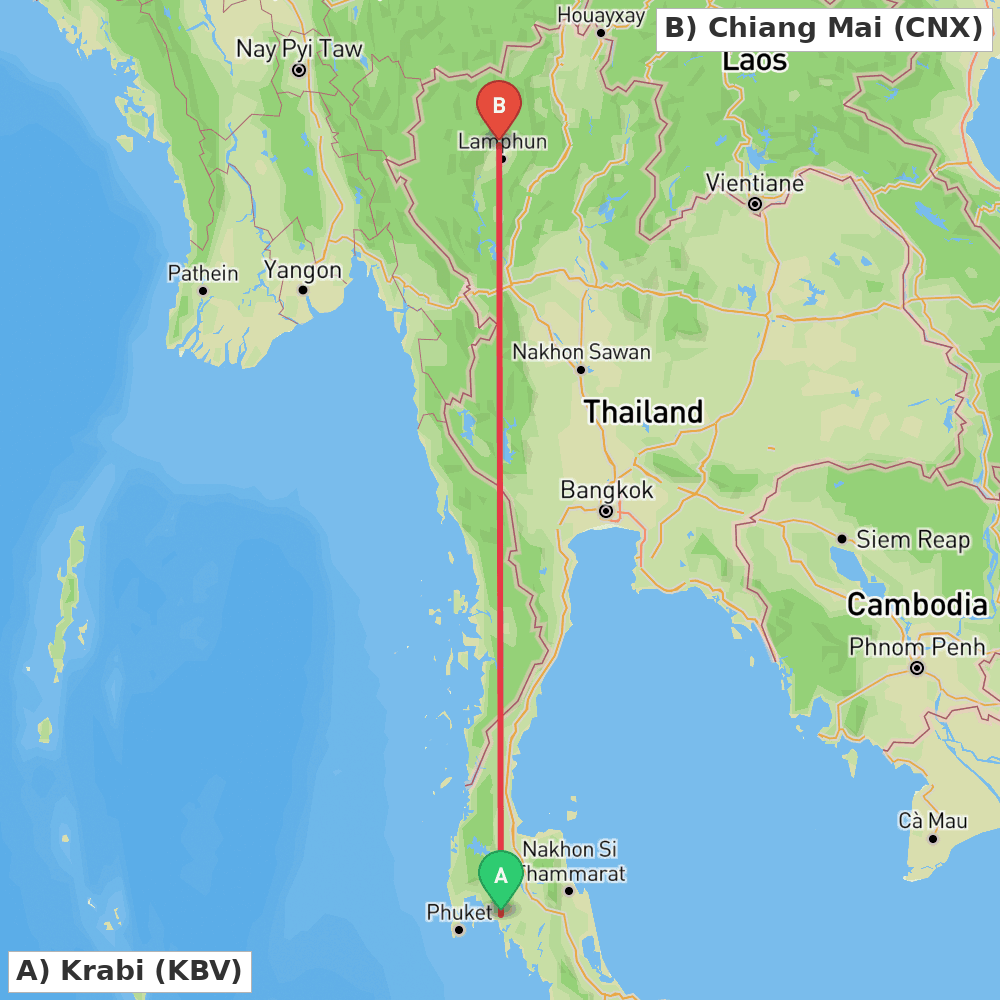 Flight route map from Krabi to Chiang Mai