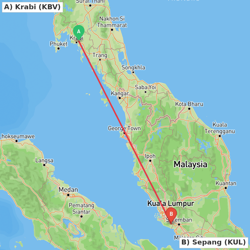 Flight route map from Krabi to Sepang