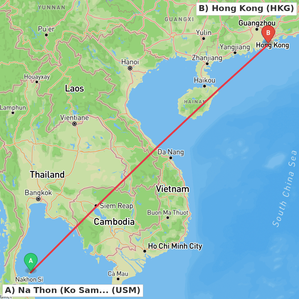 Flight route map from Na Thon (Ko Samui Island) to Hong Kong